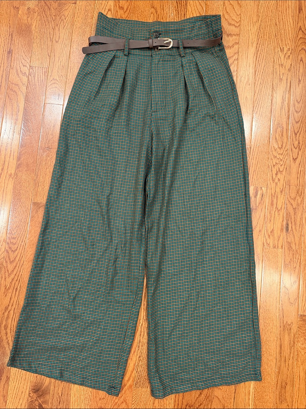 Cider Green Plaid High-Waist Wide-Leg Pants